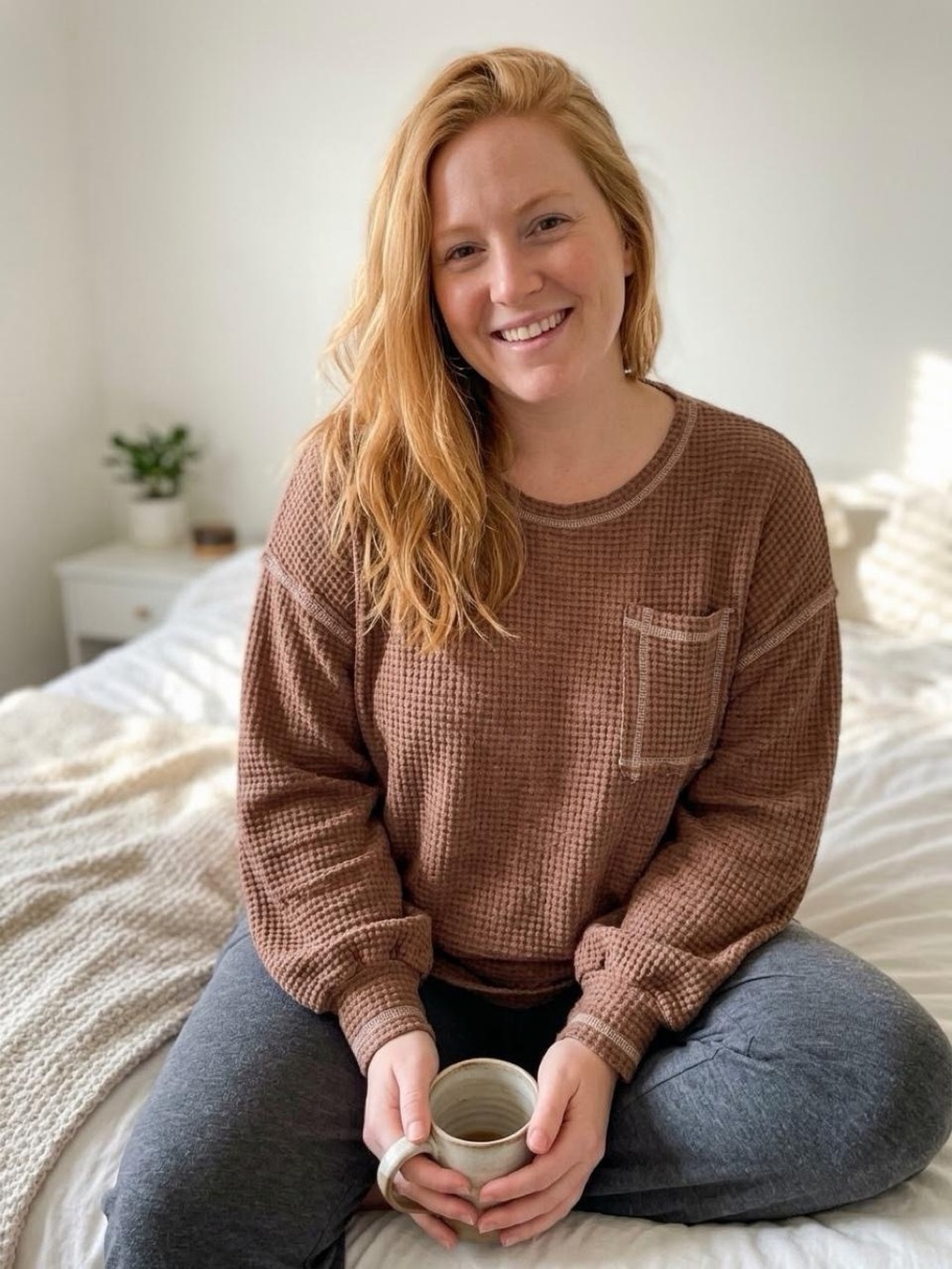 Brown Waffle Knit Long Sleeve Loungewear Pajama Top L